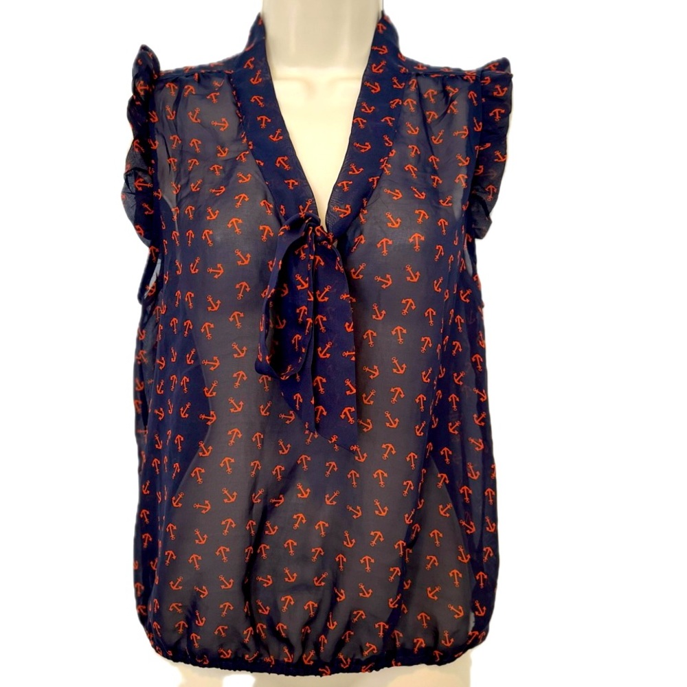 ⚓️ Nautical print, Tie neck, ruffle sleeve blouse. Polyester chiffon